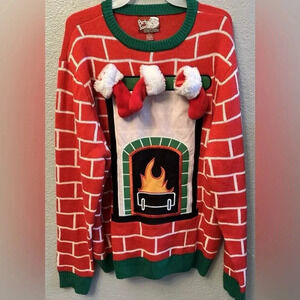 2/20$ Christmas Party SweaterDec25th L   sweater Fireplace Detachable Stockings